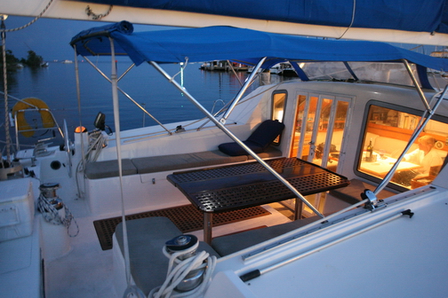 Catamaran has very wide cockpit and planty of seating area.